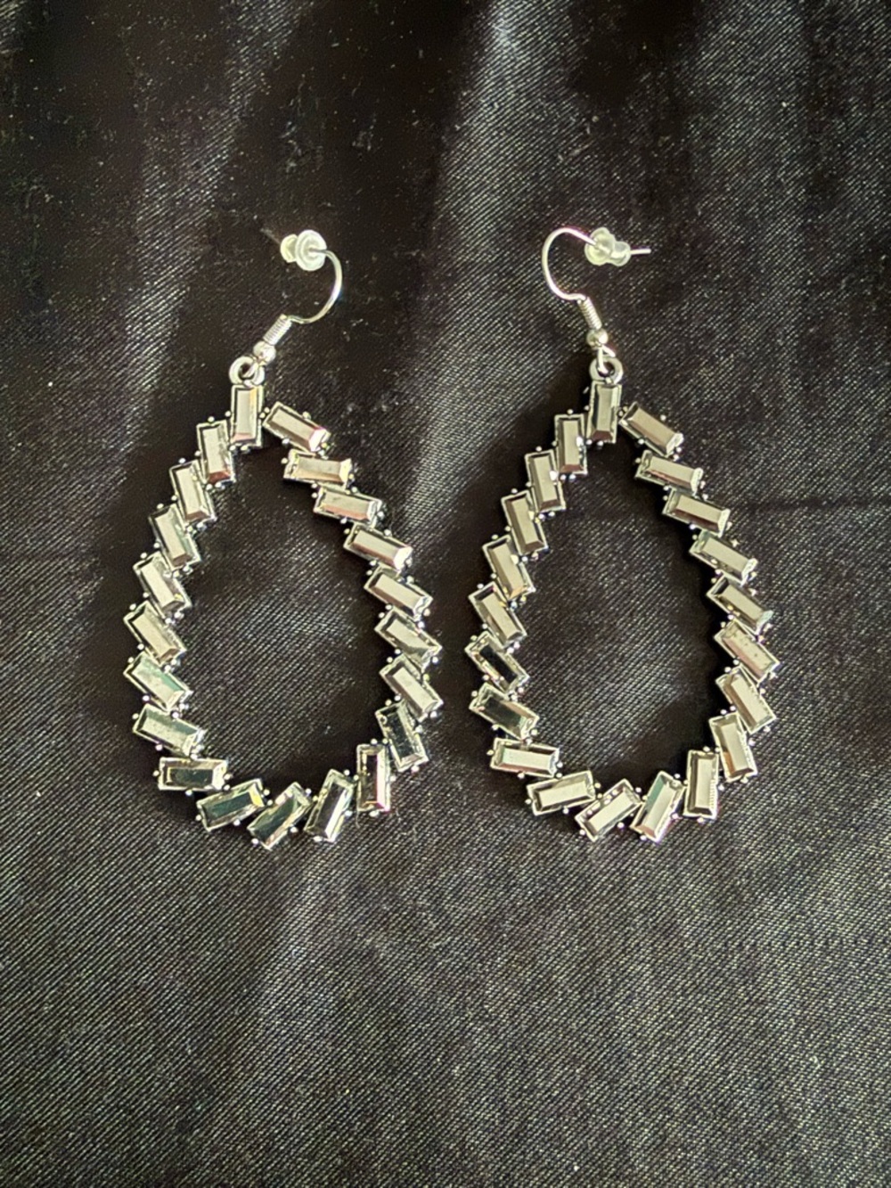 Silver Teardrop Baguette Frame Earrings - Women Jewelry
